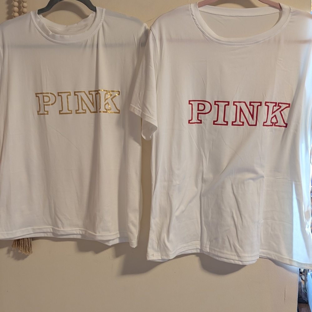 White T-Shirt with Pink and Gold Lettering